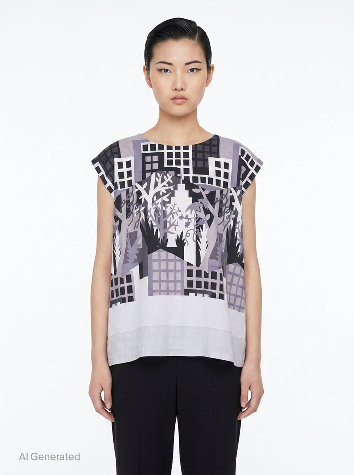 Building Print Cap Sleeve Top | me Issey Miyake | Club21 - front