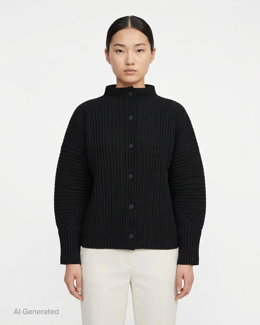 me Issey Miyake Corduroy Pleats black pleated cardigan with funnel neck, button front and paneled dolman sleeves - front