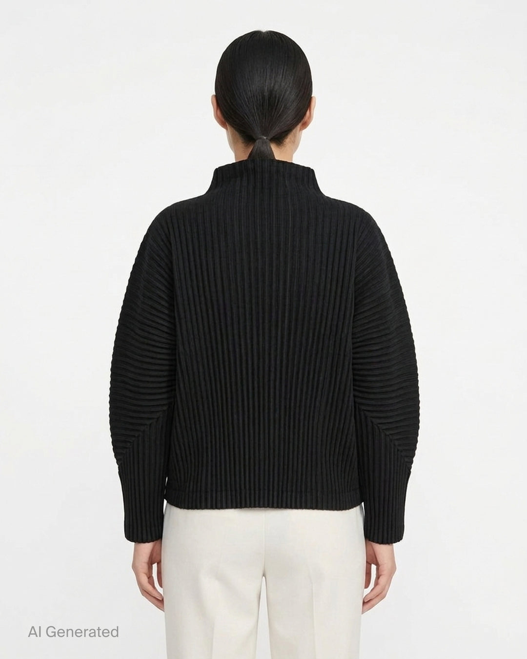 me Issey Miyake Corduroy Pleats black pleated cardigan with funnel neck, button front and paneled dolman sleeves - back