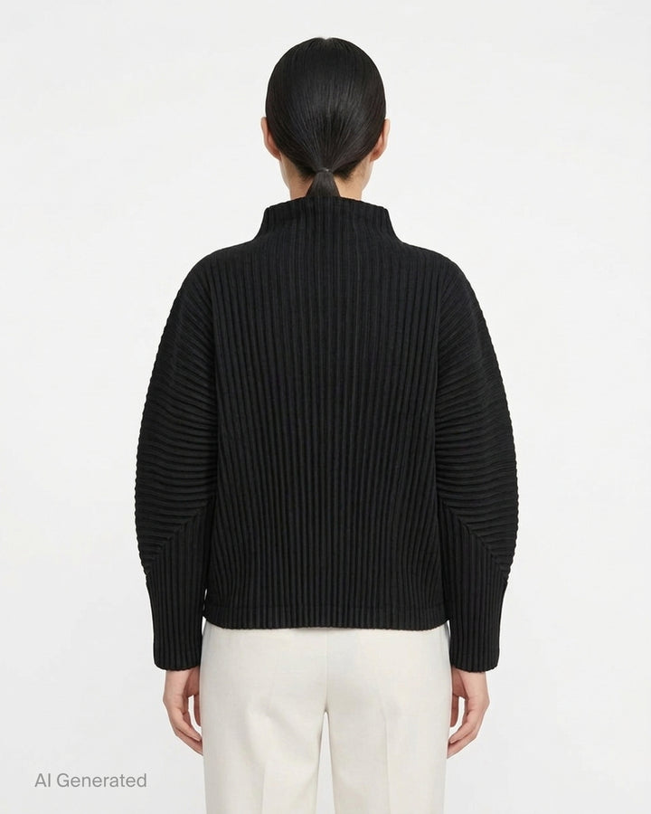 me Issey Miyake Corduroy Pleats black pleated cardigan with funnel neck, button front and paneled dolman sleeves - back