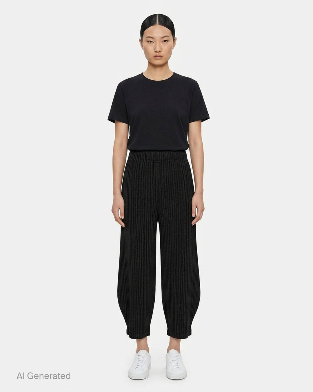 me Issey Miyake Corduroy Pleats black ribbed pleated pants with elasticated waist and curved, tapered leg, front view - front