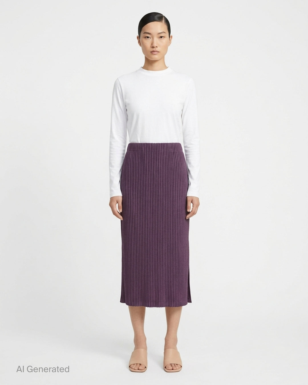 me Issey Miyake Corduroy Pleats midi skirt in plum purple with fine vertical ribbed pleats and an elasticated waistband, shown front view - front