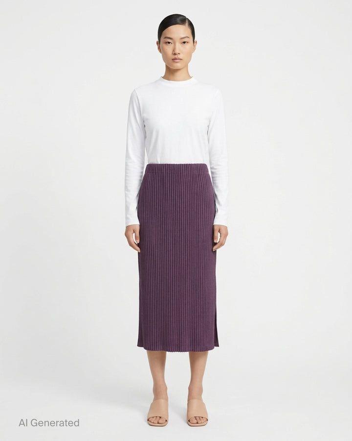 me Issey Miyake Corduroy Pleats midi skirt in plum purple with fine vertical ribbed pleats and an elasticated waistband, shown front view - front