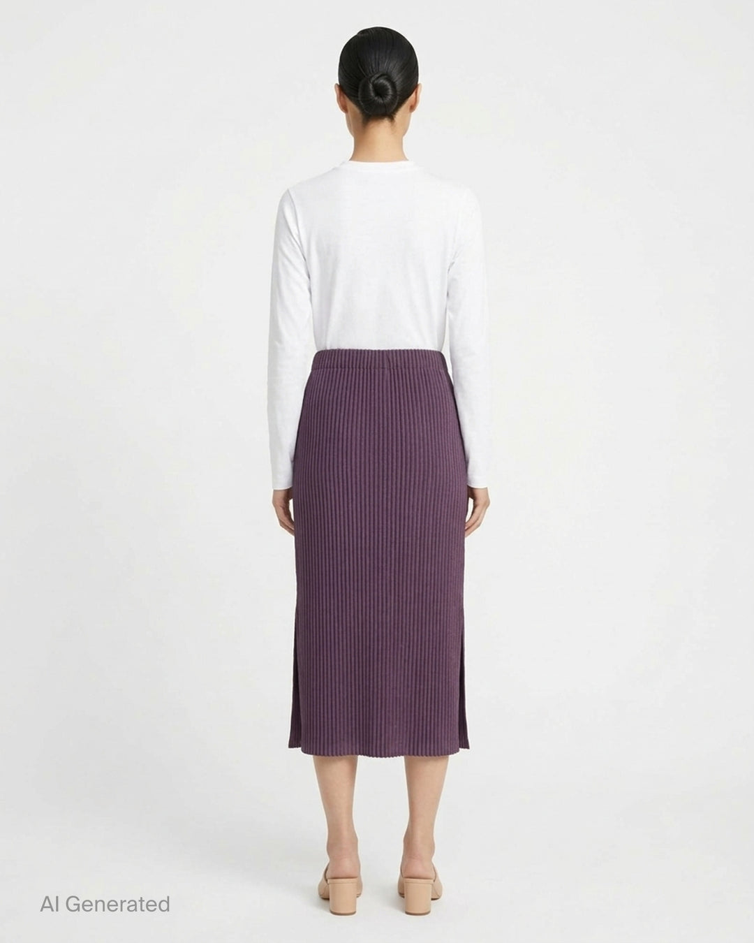 me Issey Miyake Corduroy Pleats midi skirt in plum purple with fine vertical ribbed pleats and an elasticated waistband, shown front view - back