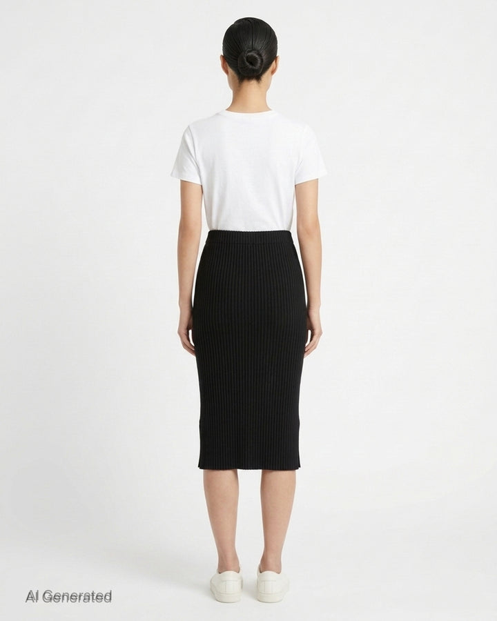 me Issey Miyake Corduroy Pleats midi skirt in plum purple with fine vertical ribbed pleats and an elasticated waistband, shown front view - back