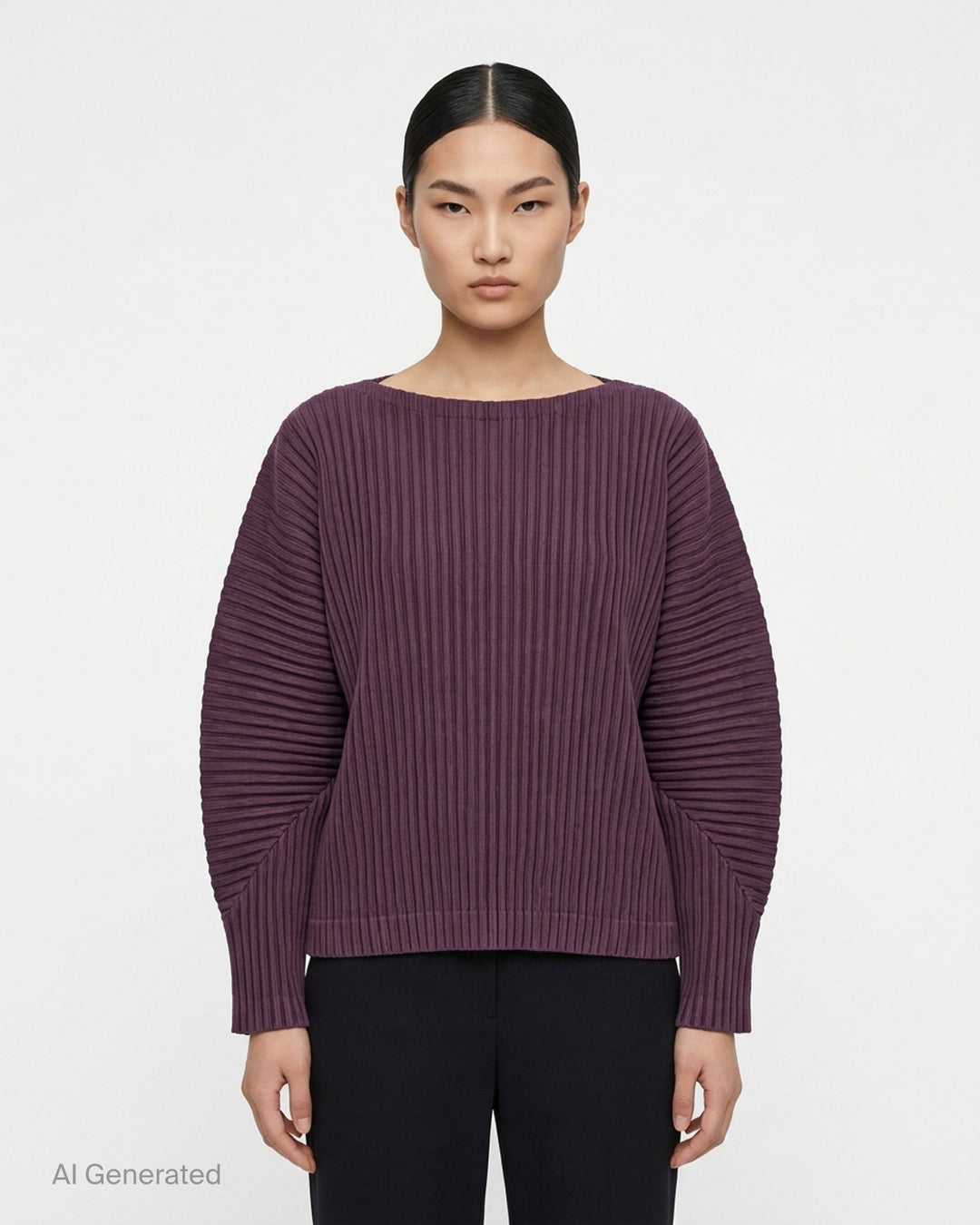 me Issey Miyake Corduroy Pleats long sleeve top in black with boat neckline, sculpted pleated sleeves and cross-stitch detail at the neck - front