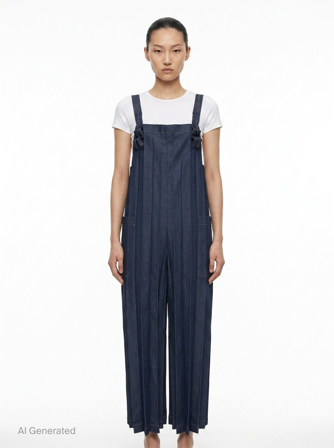 me Issey Miyake Denim Pleats Bottom jumpsuit in raw indigo denim, featuring deep vertical pleats, a square bib, knotted bow shoulder straps, patch hip pockets, and golden contrast topstitching - front