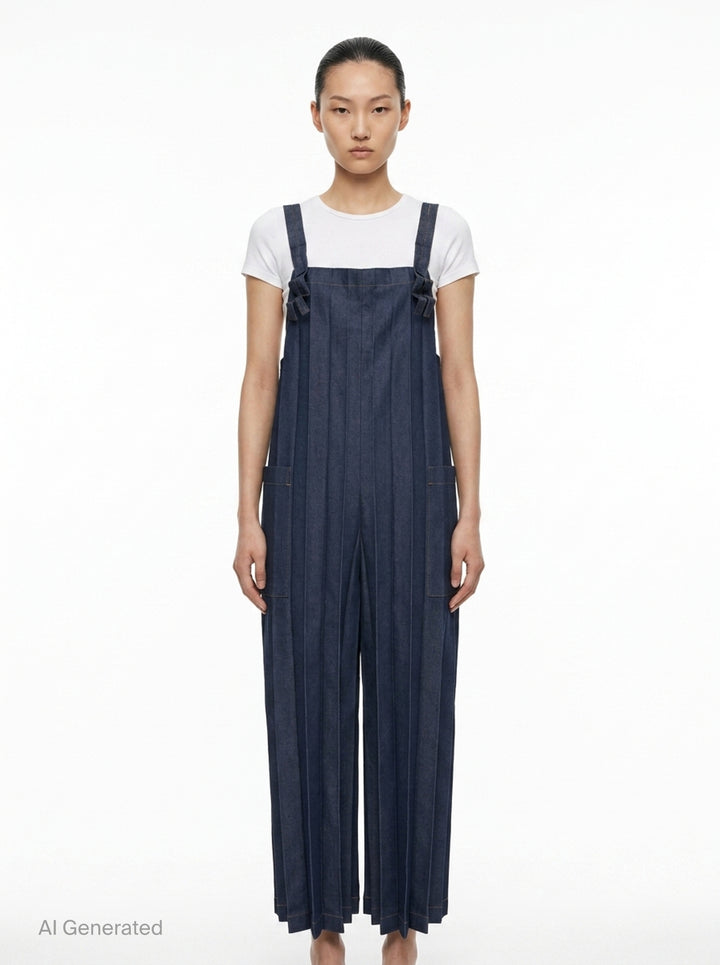me Issey Miyake Denim Pleats Bottom jumpsuit in raw indigo denim, featuring deep vertical pleats, a square bib, knotted bow shoulder straps, patch hip pockets, and golden contrast topstitching - front