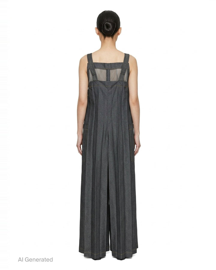 me Issey Miyake Denim Pleats Bottom jumpsuit in raw indigo denim, featuring deep vertical pleats, a square bib, knotted bow shoulder straps, patch hip pockets, and golden contrast topstitching - back