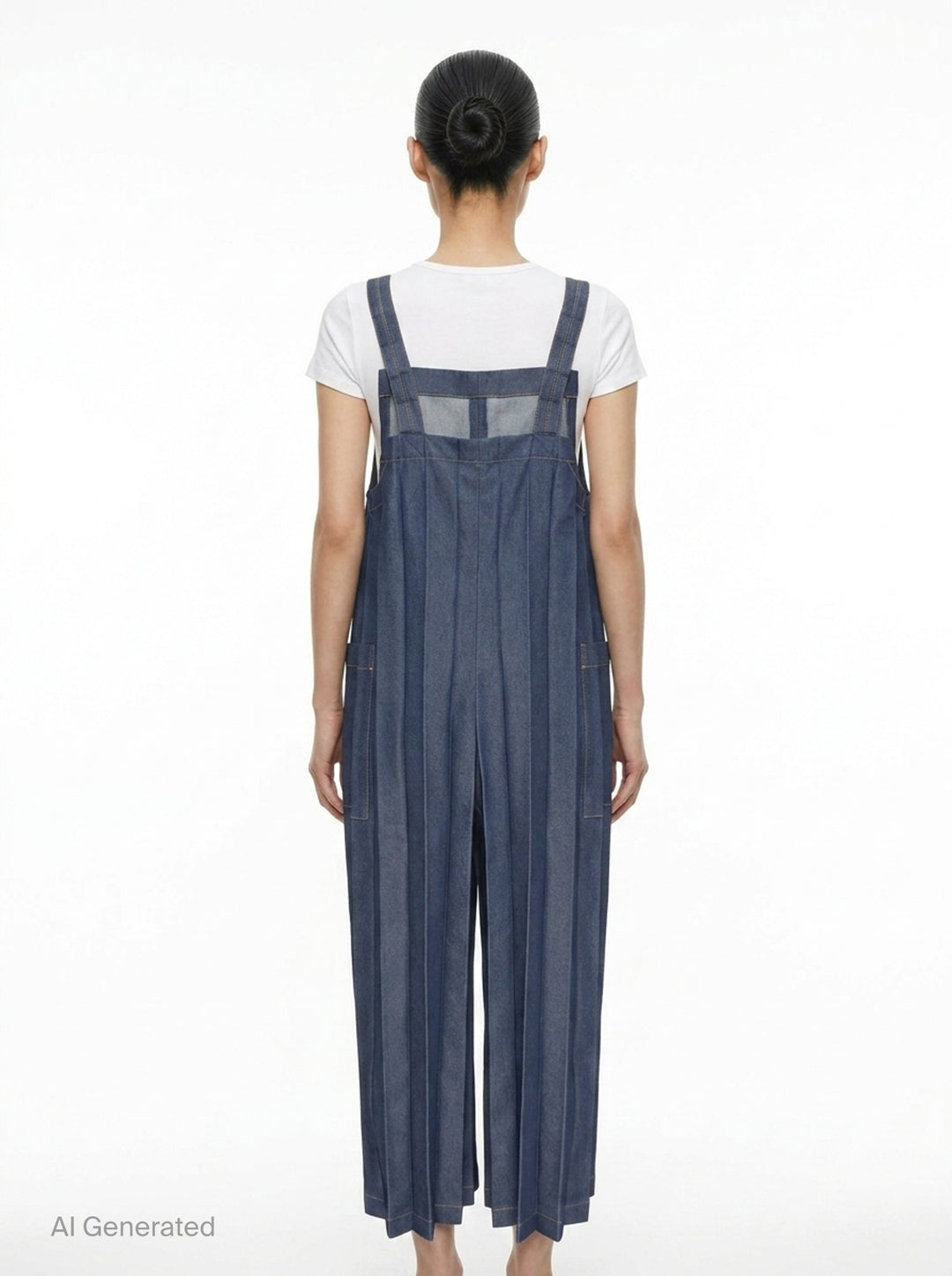 me Issey Miyake Denim Pleats Bottom jumpsuit in raw indigo denim, featuring deep vertical pleats, a square bib, knotted bow shoulder straps, patch hip pockets, and golden contrast topstitching - back