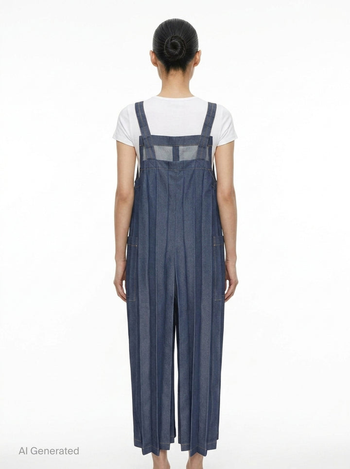 me Issey Miyake Denim Pleats Bottom jumpsuit in raw indigo denim, featuring deep vertical pleats, a square bib, knotted bow shoulder straps, patch hip pockets, and golden contrast topstitching - back
