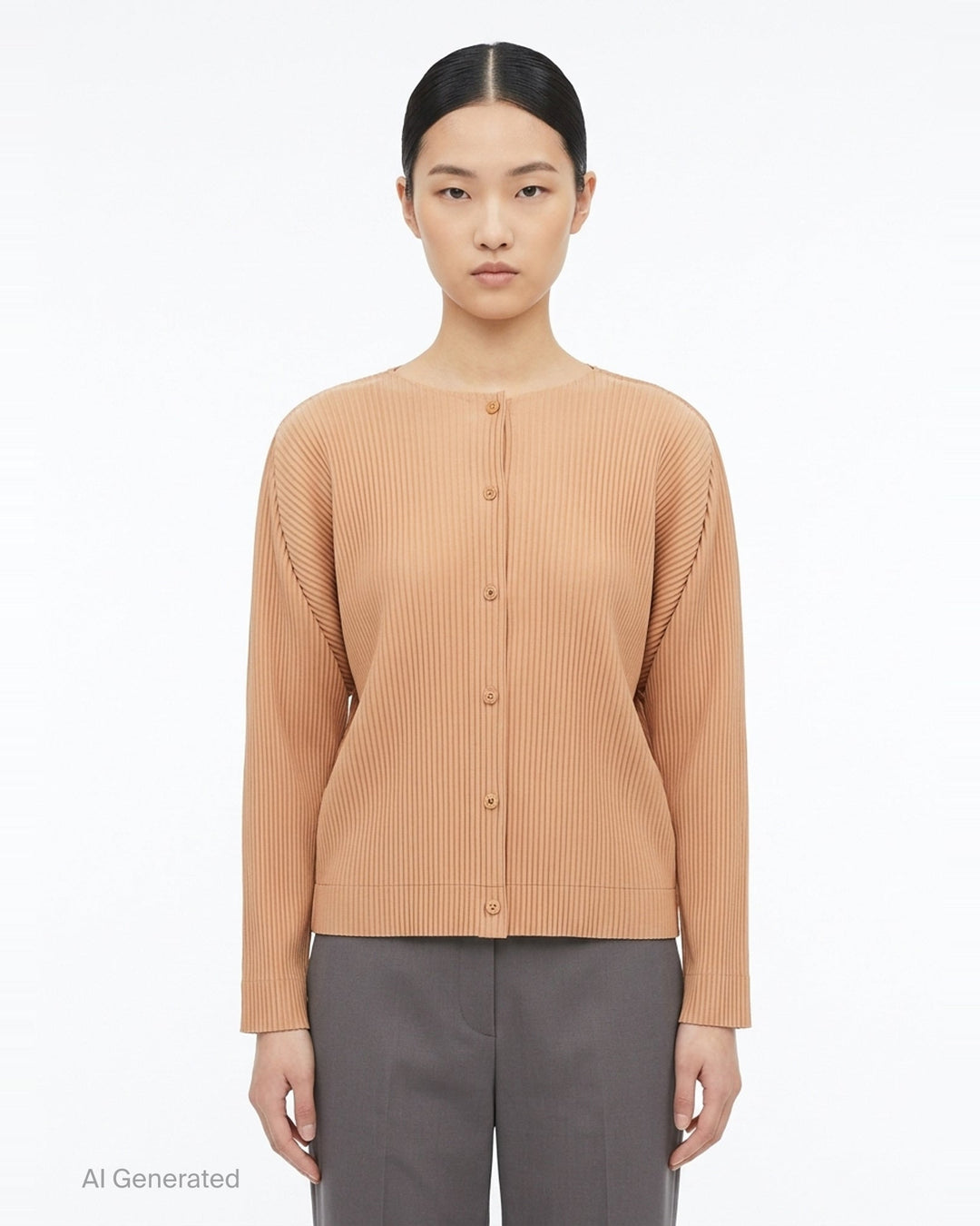 me Issey Miyake Fine Knit Pleats Cardigan in sky blue, shown from the back, featuring signature all-over pleated texture and a button placket fastening along the centre back - front