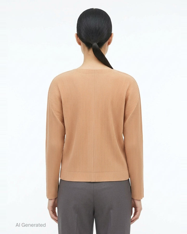 me Issey Miyake Fine Knit Pleats Cardigan in sky blue, shown from the back, featuring signature all-over pleated texture and a button placket fastening along the centre back - back
