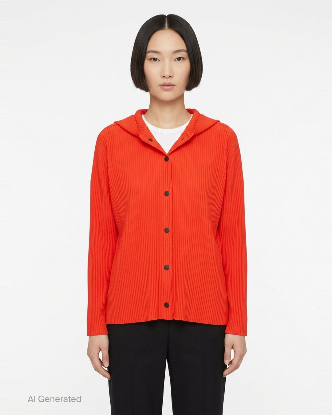 me Issey Miyake Fine Knit Pleats Color 2 blouson in slate grey, featuring vertical pleating, an attached hood, and tonal snap button-front closure - front