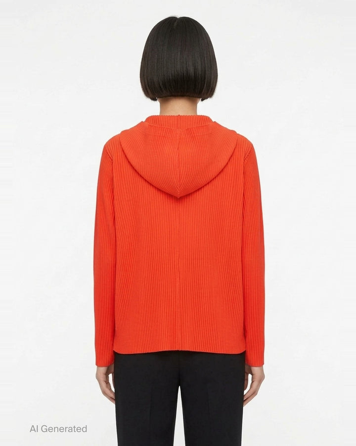 me Issey Miyake Fine Knit Pleats Color 2 blouson in slate grey, featuring vertical pleating, an attached hood, and tonal snap button-front closure - back