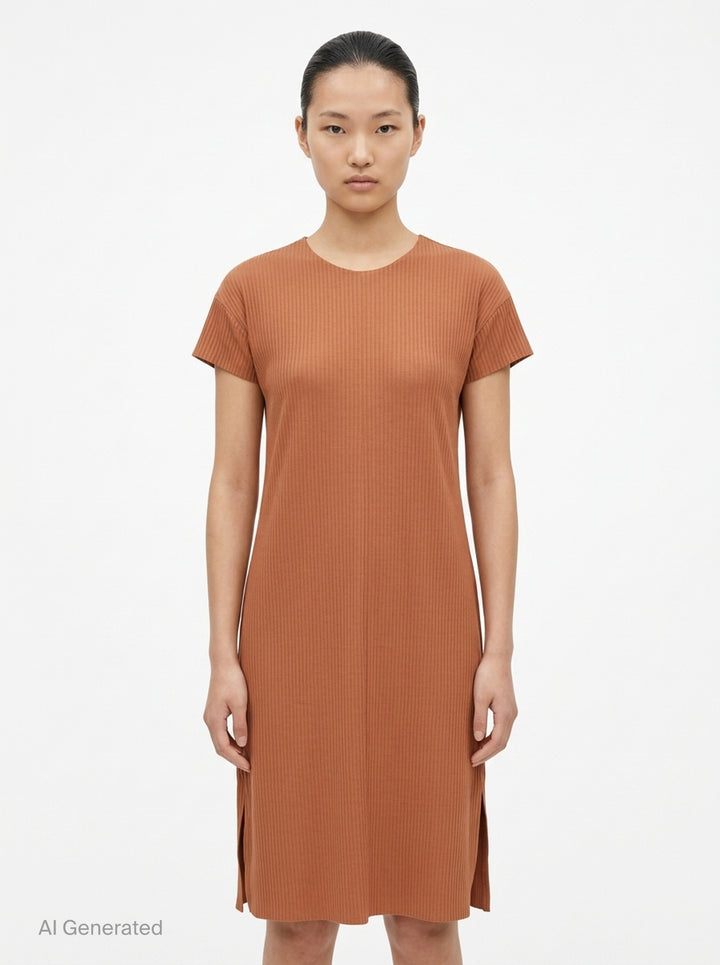 me Issey Miyake Fine Knit Pleats Color 2 midi dress in terracotta, featuring uniform ribbed plissé fabric, short cap sleeves, a round neckline, and side hem slits - front