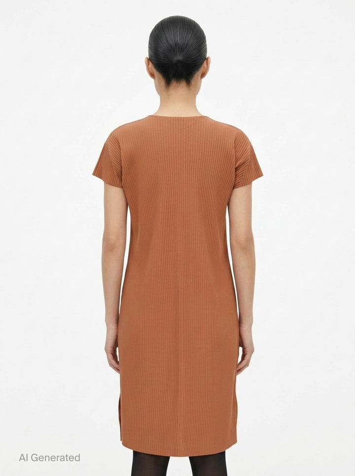 me Issey Miyake Fine Knit Pleats Color 2 midi dress in terracotta, featuring uniform ribbed plissé fabric, short cap sleeves, a round neckline, and side hem slits - back
