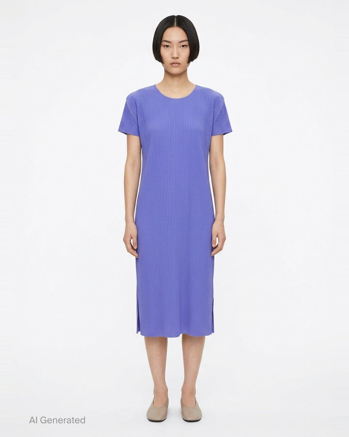 me Issey Miyake Fine Knit Pleats Color 2 midi dress in terracotta, featuring uniform ribbed plissé fabric, short cap sleeves, a round neckline, and side hem slits - front