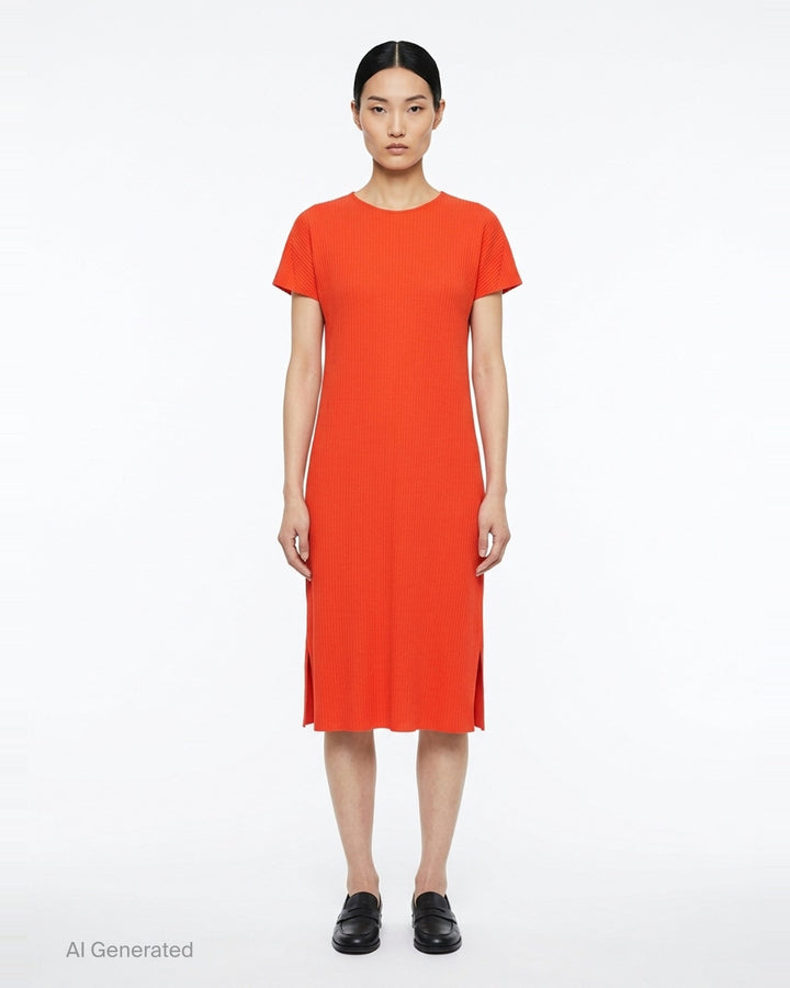 me Issey Miyake Fine Knit Pleats Color 2 midi dress in terracotta, featuring uniform ribbed plissé fabric, short cap sleeves, a round neckline, and side hem slits - front
