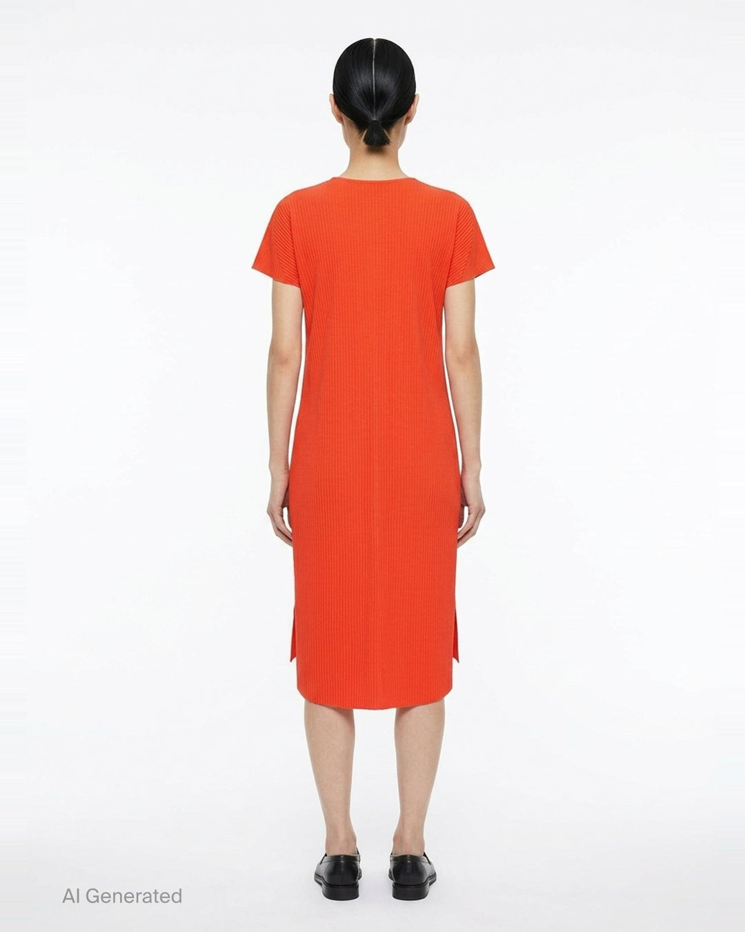 me Issey Miyake Fine Knit Pleats Color 2 midi dress in terracotta, featuring uniform ribbed plissé fabric, short cap sleeves, a round neckline, and side hem slits - back