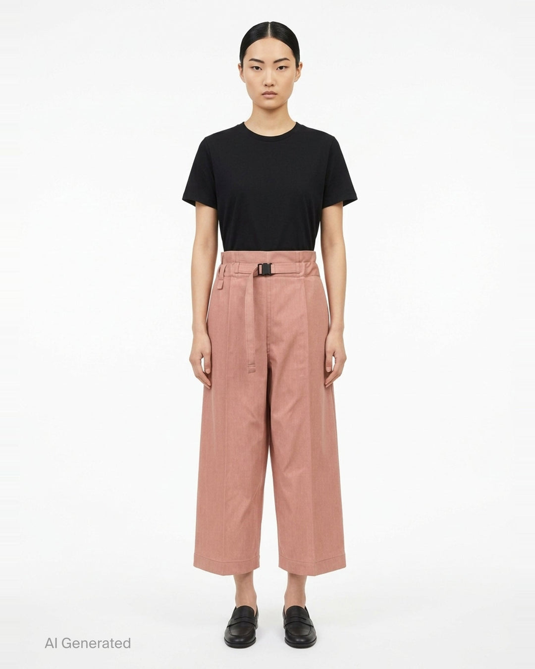 me Issey Miyake Flat Denim Seasonal Pants in dusty rose — wide-leg culotte silhouette with front pleats, utility clip buckle waistband, and cuffed hem, shown flat against a white background - front