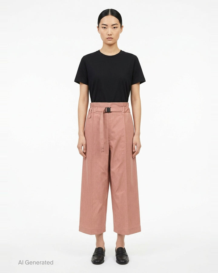 me Issey Miyake Flat Denim Seasonal Pants in dusty rose — wide-leg culotte silhouette with front pleats, utility clip buckle waistband, and cuffed hem, shown flat against a white background - front