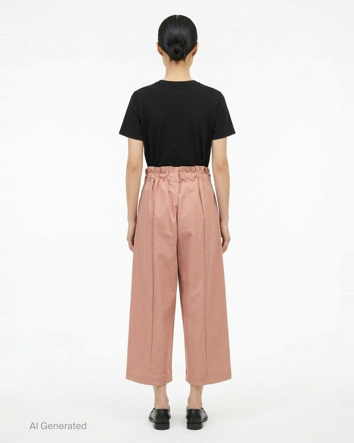 me Issey Miyake Flat Denim Seasonal Pants in dusty rose — wide-leg culotte silhouette with front pleats, utility clip buckle waistband, and cuffed hem, shown flat against a white background - back
