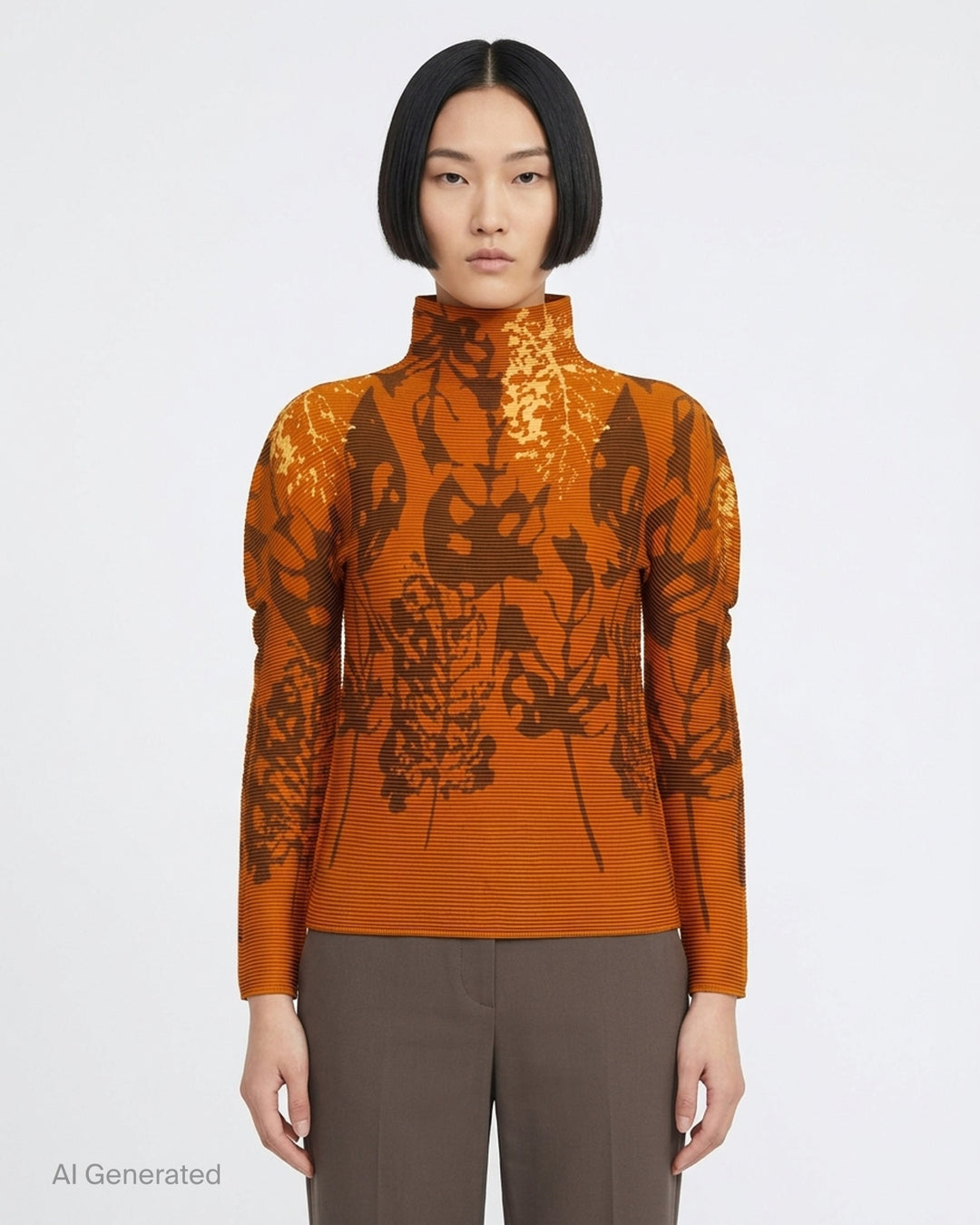 me Issey Miyake LEAF long sleeve high neck pleated top in amber orange with brown and pale gold botanical leaf print - front