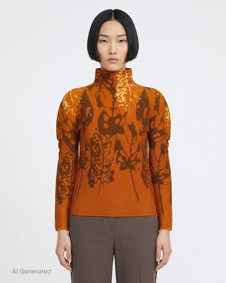 me Issey Miyake LEAF long sleeve high neck pleated top in amber orange with brown and pale gold botanical leaf print - front