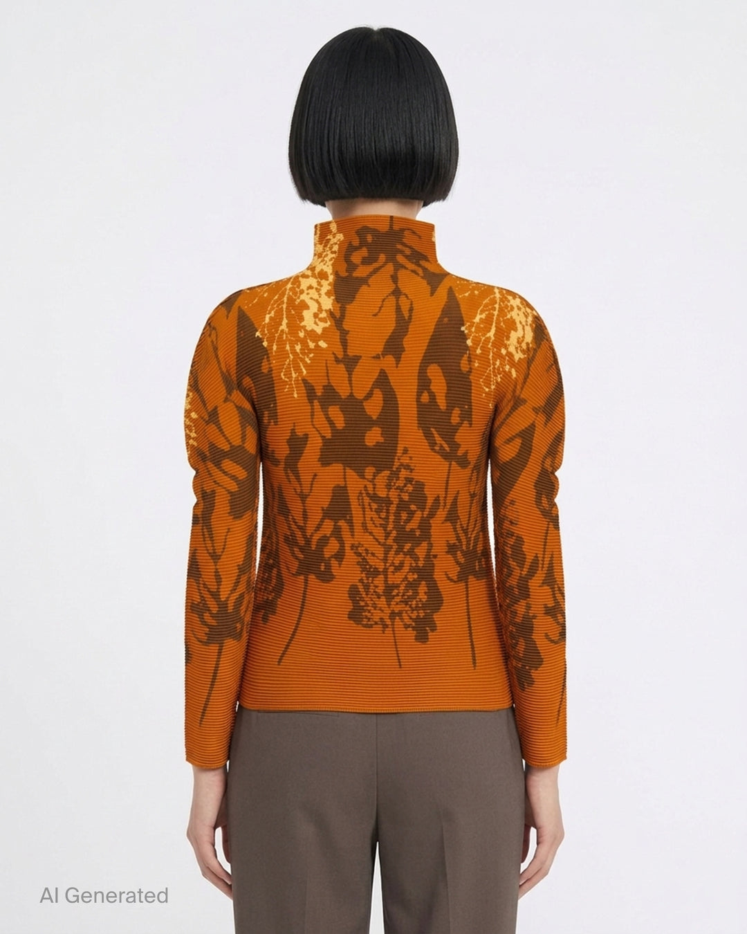 me Issey Miyake LEAF long sleeve high neck pleated top in amber orange with brown and pale gold botanical leaf print - back
