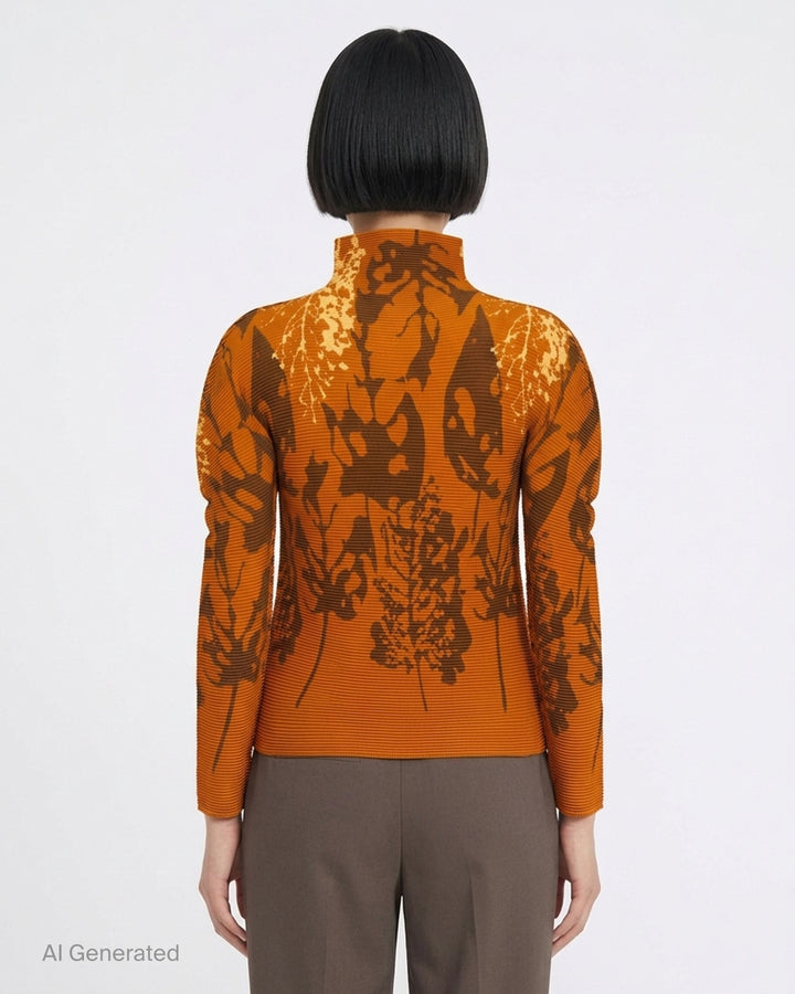 me Issey Miyake LEAF long sleeve high neck pleated top in amber orange with brown and pale gold botanical leaf print - back