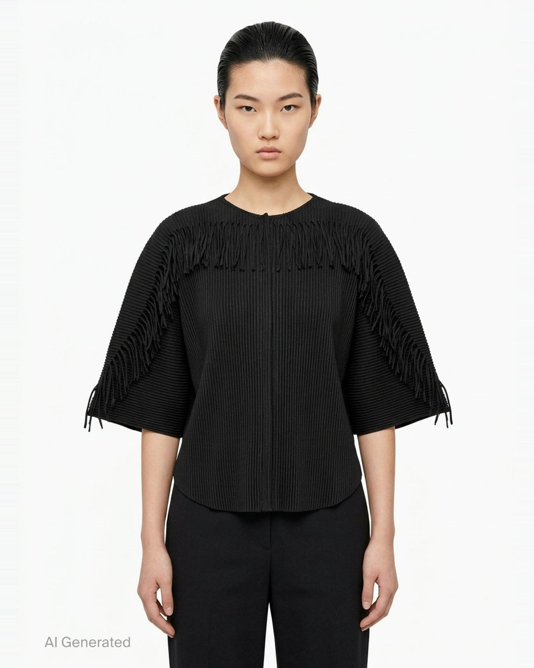 me Issey Miyake Leaf Pleats Cardigan in black, back view, showing tonal button closure, all-over relief pleating, wide sleeves with tie cuffs, and relaxed cropped silhouette - front