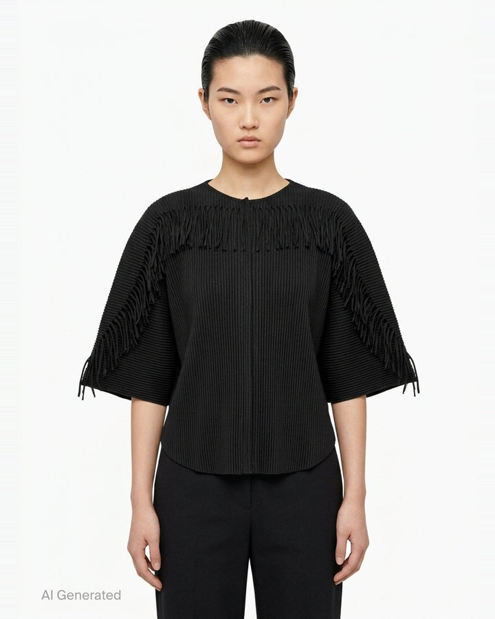 me Issey Miyake Leaf Pleats Cardigan in black, back view, showing tonal button closure, all-over relief pleating, wide sleeves with tie cuffs, and relaxed cropped silhouette - front