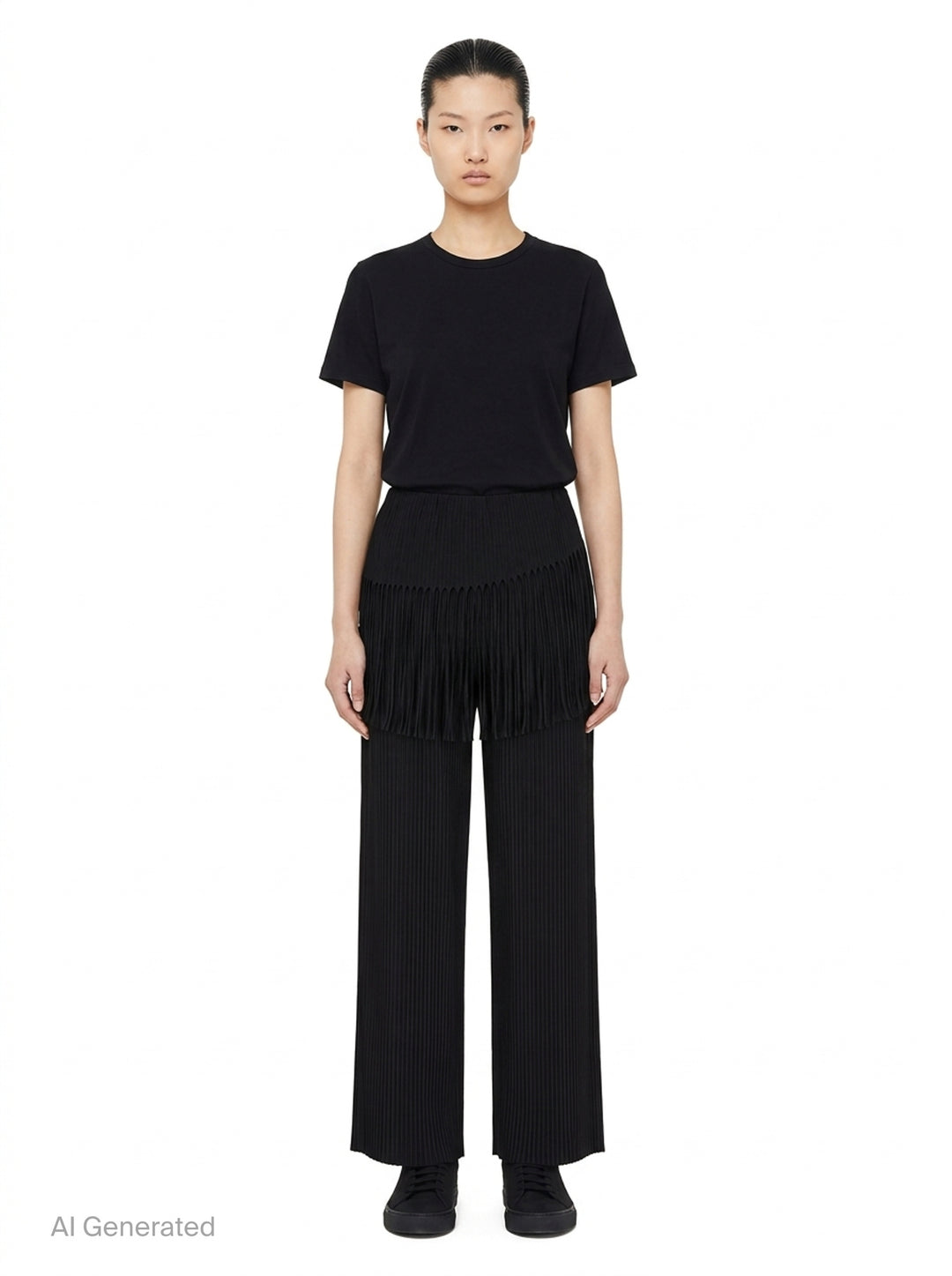 me Issey Miyake Leaf Pleats Pants in black — rear view showing wide-leg pleated silhouette with dramatic fringe trim at the hip yoke and elasticated waistband - front