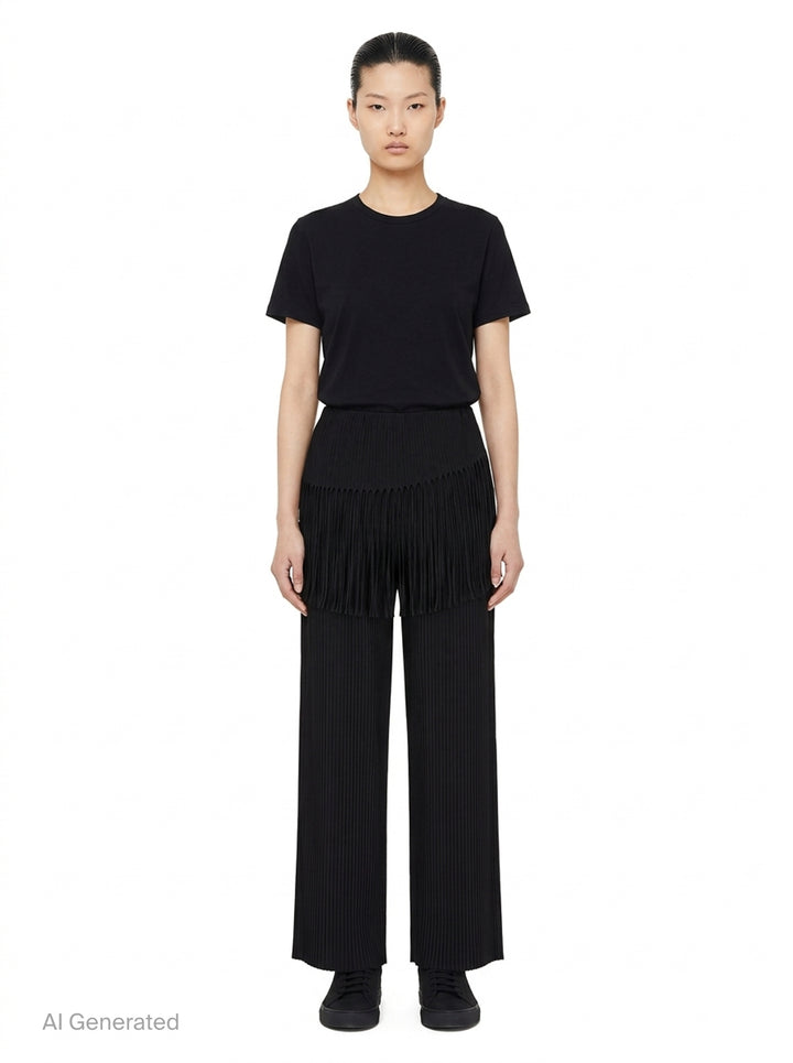 me Issey Miyake Leaf Pleats Pants in black — rear view showing wide-leg pleated silhouette with dramatic fringe trim at the hip yoke and elasticated waistband - front