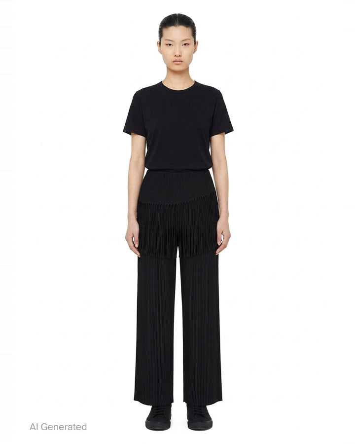 me Issey Miyake Leaf Pleats Pants in black — rear view showing wide-leg pleated silhouette with dramatic fringe trim at the hip yoke and elasticated waistband - front