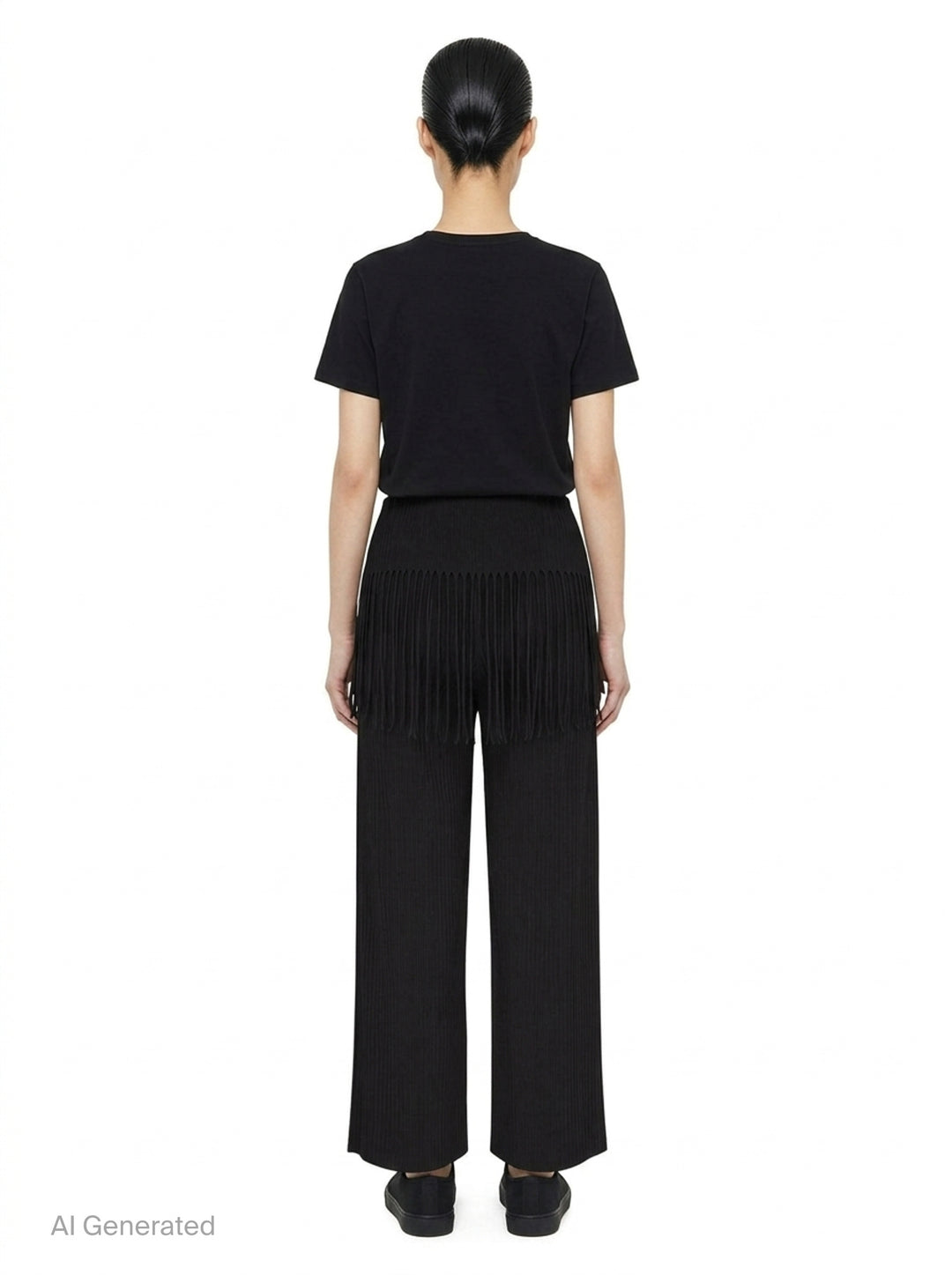 me Issey Miyake Leaf Pleats Pants in black — rear view showing wide-leg pleated silhouette with dramatic fringe trim at the hip yoke and elasticated waistband - back