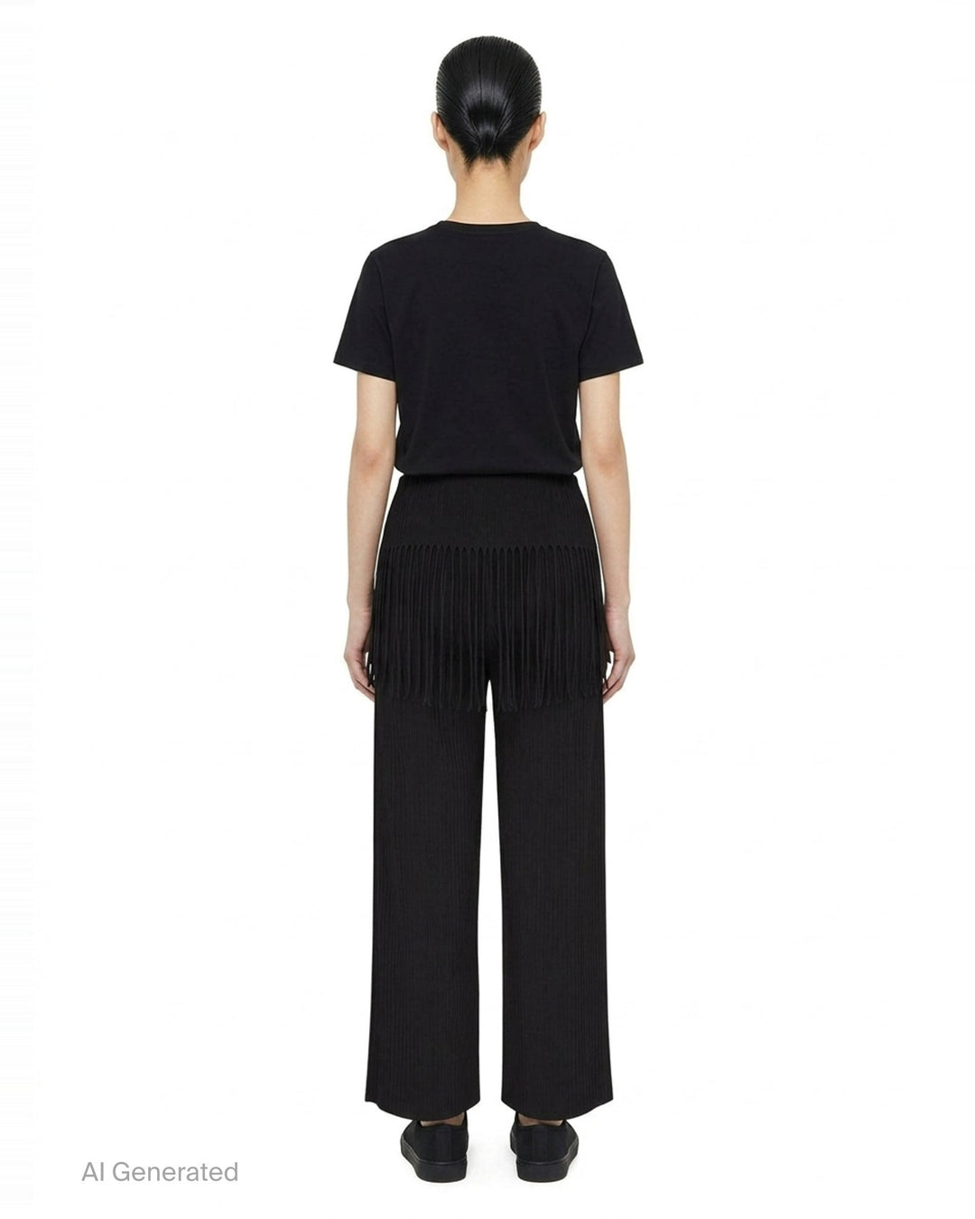 me Issey Miyake Leaf Pleats Pants in black — rear view showing wide-leg pleated silhouette with dramatic fringe trim at the hip yoke and elasticated waistband - back