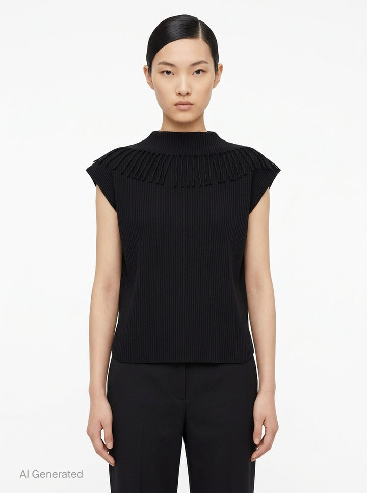 me Issey Miyake Leaf Pleats Top in black — back view showing ribbed pleated fabric with looped fringe trim across both shoulders and a boxy cap-sleeve silhouette - front