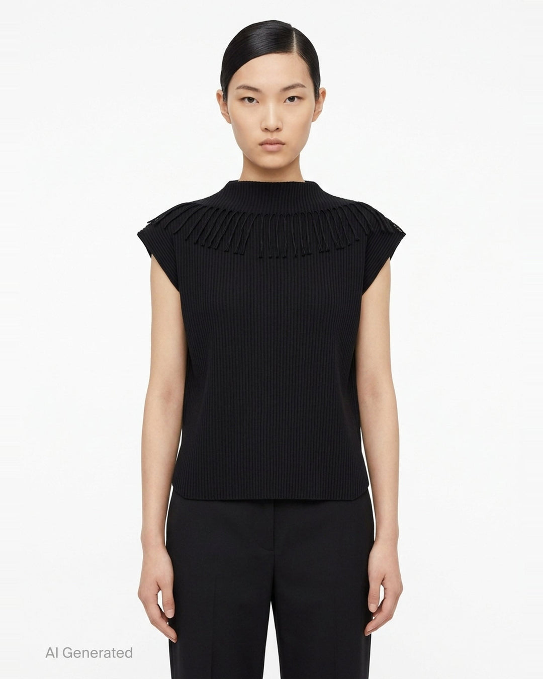 me Issey Miyake Leaf Pleats Top in black — back view showing ribbed pleated fabric with looped fringe trim across both shoulders and a boxy cap-sleeve silhouette - front