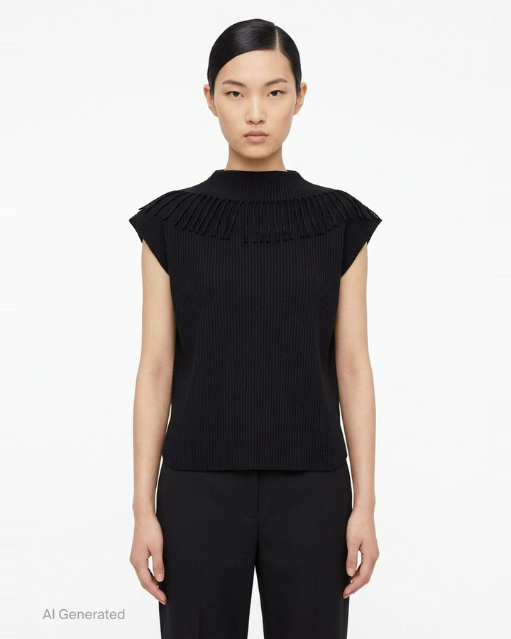 me Issey Miyake Leaf Pleats Top in black — back view showing ribbed pleated fabric with looped fringe trim across both shoulders and a boxy cap-sleeve silhouette - front