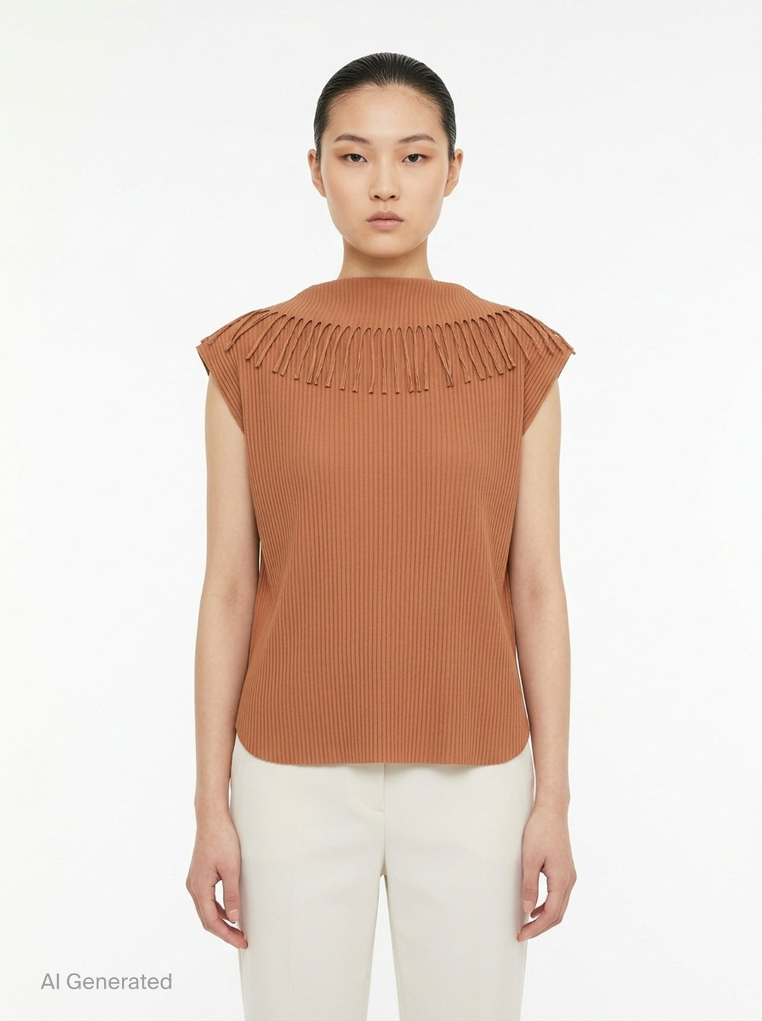 me Issey Miyake Leaf Pleats Top in black — back view showing ribbed pleated fabric with looped fringe trim across both shoulders and a boxy cap-sleeve silhouette - front