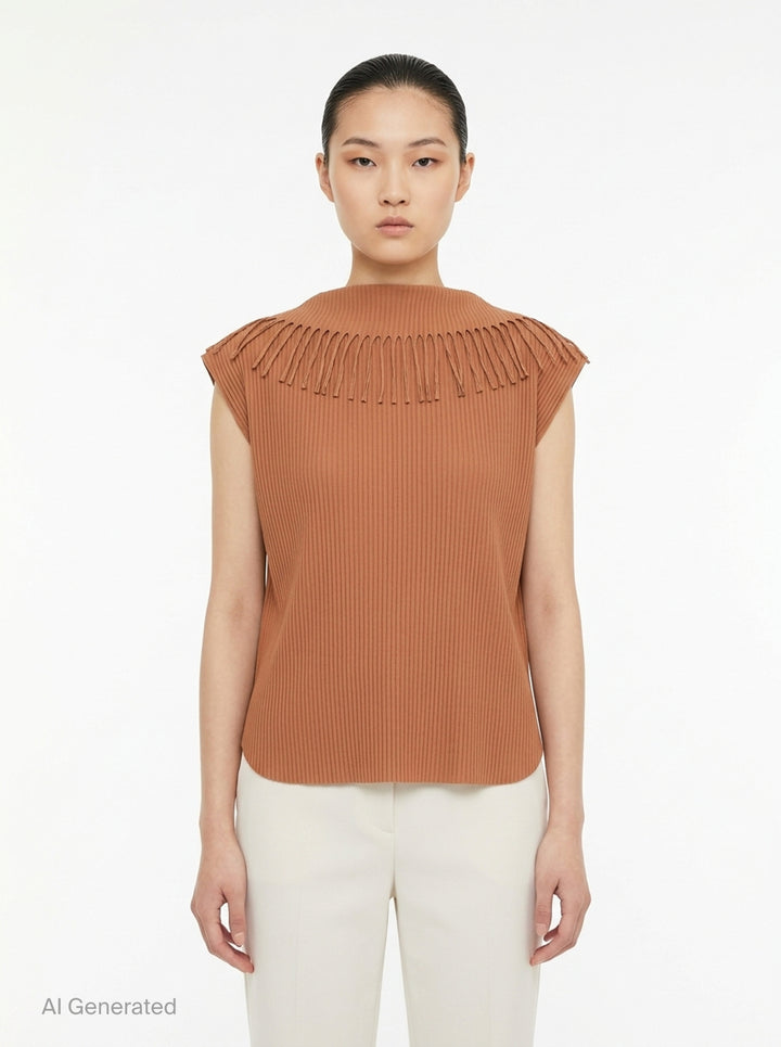 me Issey Miyake Leaf Pleats Top in black — back view showing ribbed pleated fabric with looped fringe trim across both shoulders and a boxy cap-sleeve silhouette - front