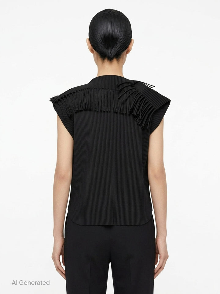 me Issey Miyake Leaf Pleats Top in black — back view showing ribbed pleated fabric with looped fringe trim across both shoulders and a boxy cap-sleeve silhouette - back