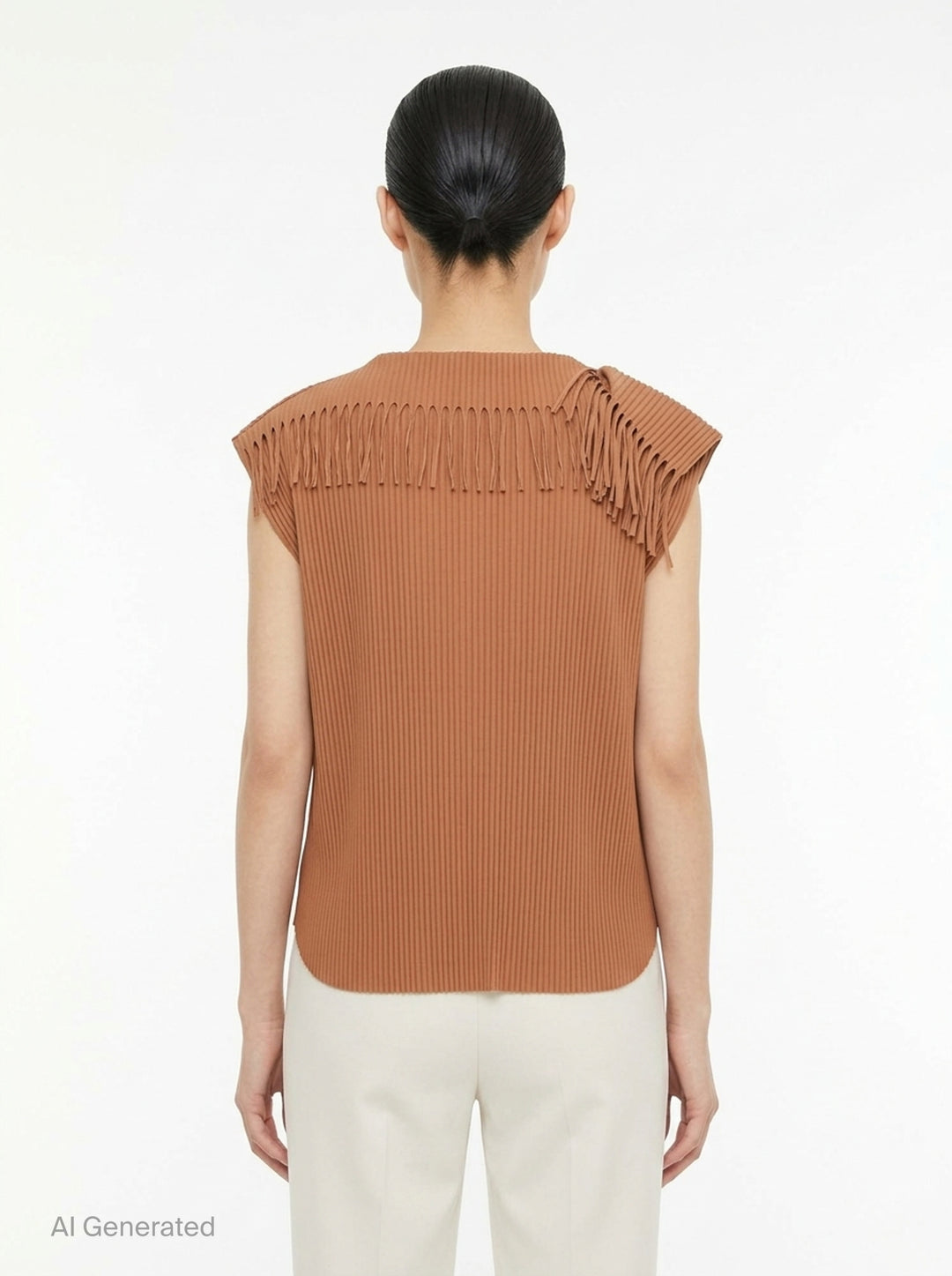 me Issey Miyake Leaf Pleats Top in black — back view showing ribbed pleated fabric with looped fringe trim across both shoulders and a boxy cap-sleeve silhouette - back