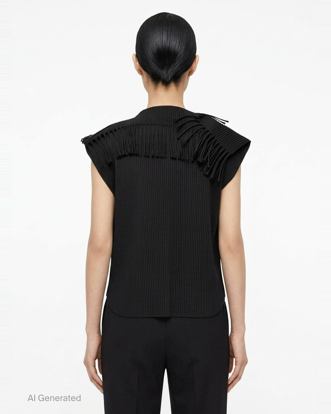 me Issey Miyake Leaf Pleats Top in black — back view showing ribbed pleated fabric with looped fringe trim across both shoulders and a boxy cap-sleeve silhouette - back