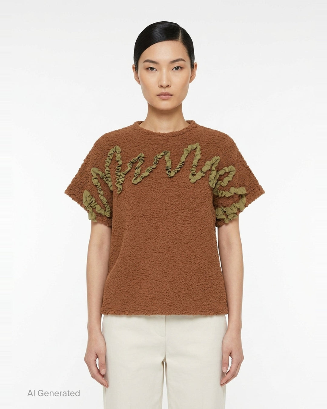 me Issey Miyake Leaf Tulle Cauliflower Top in rust brown bouclé with sage green ruffled tulle script lettering across the chest and sleeves, short sleeves with matching tulle stripe detailing and frilled neckline - front