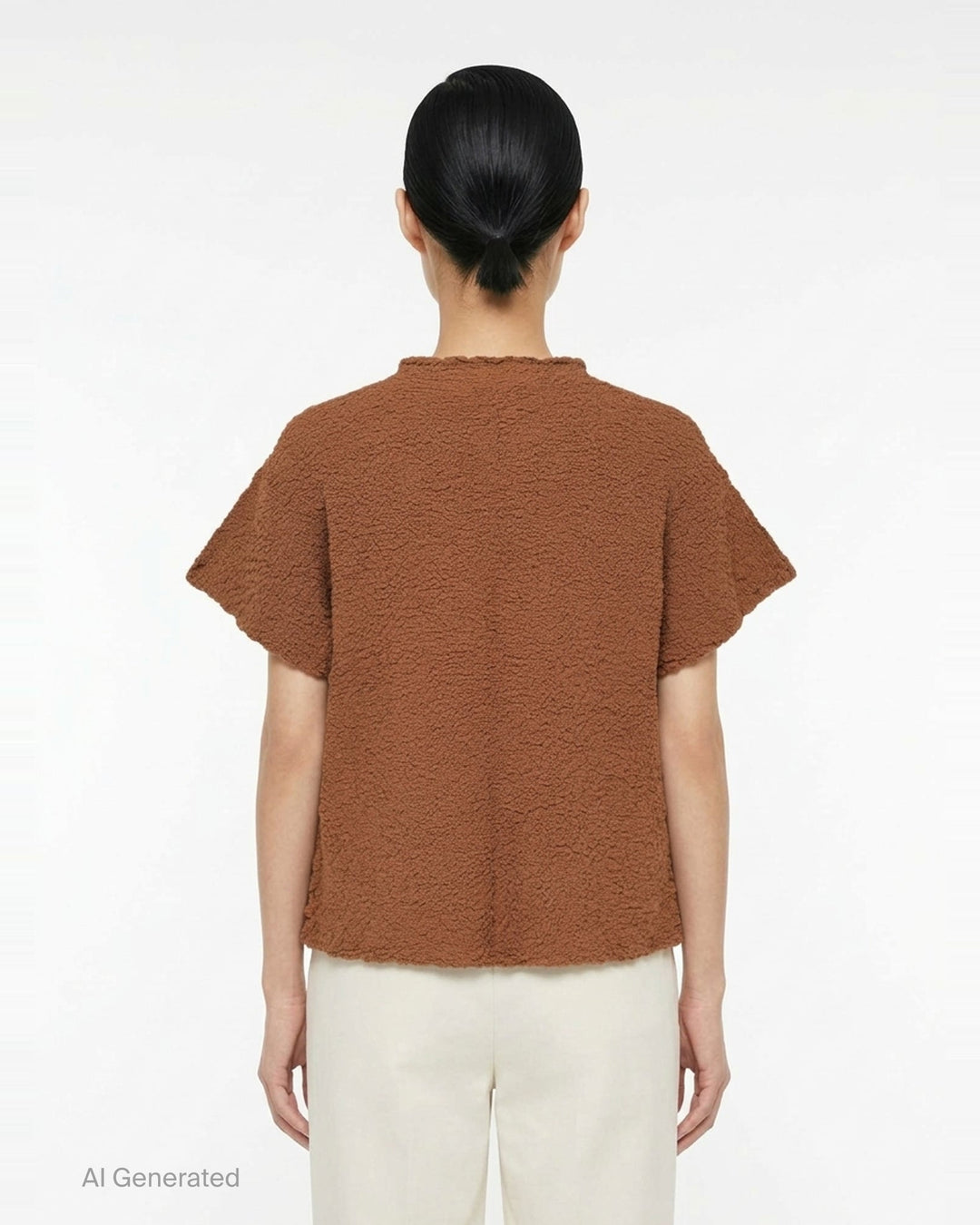 me Issey Miyake Leaf Tulle Cauliflower Top in rust brown bouclé with sage green ruffled tulle script lettering across the chest and sleeves, short sleeves with matching tulle stripe detailing and frilled neckline - back