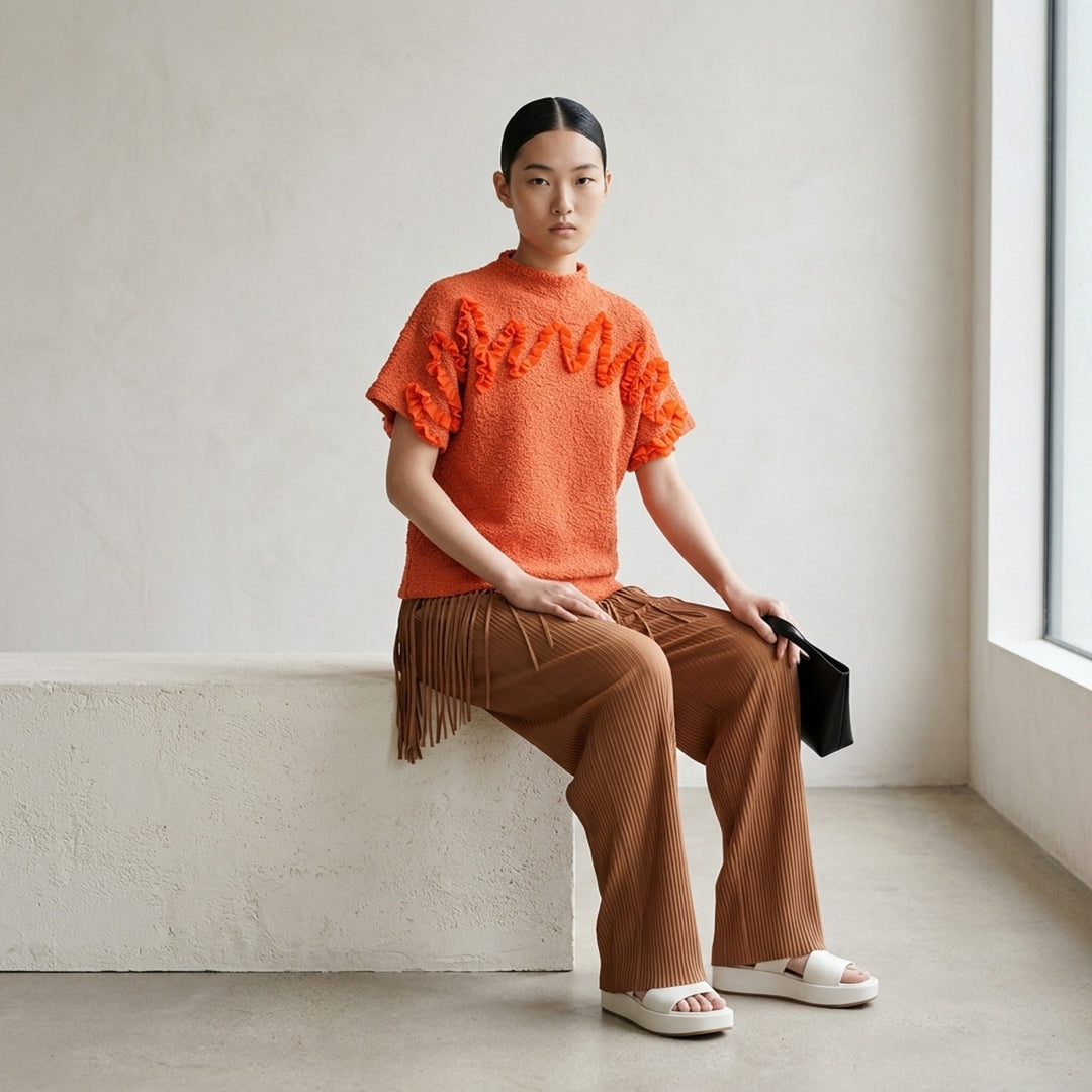 me Issey Miyake Leaf Tulle Cauliflower Top in rust brown bouclé with sage green ruffled tulle script lettering across the chest and sleeves, short sleeves with matching tulle stripe detailing and frilled neckline - lifestyle