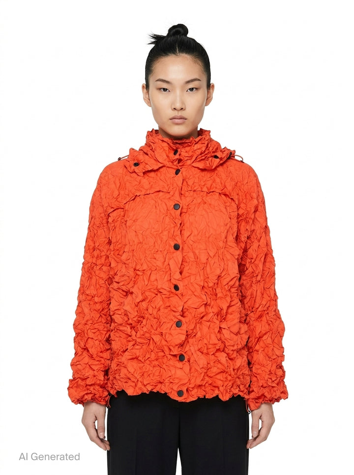 me Issey Miyake Meringue Parka in black — oversized crinkled blouson with ruched hood, snap-button front, and drawstring hem and cuffs - front